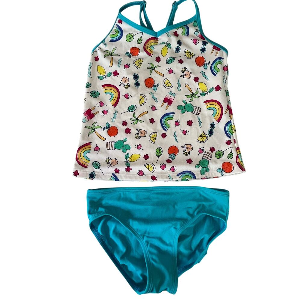 Lands End teal and white two piece tankini bathing suit size 8